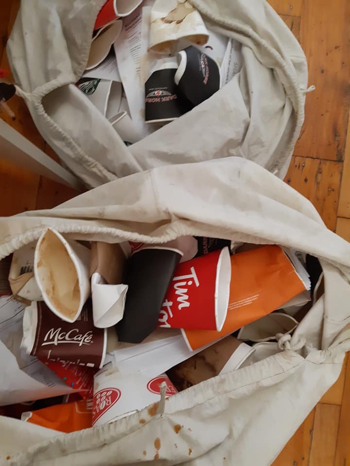 bags full of coffee cups