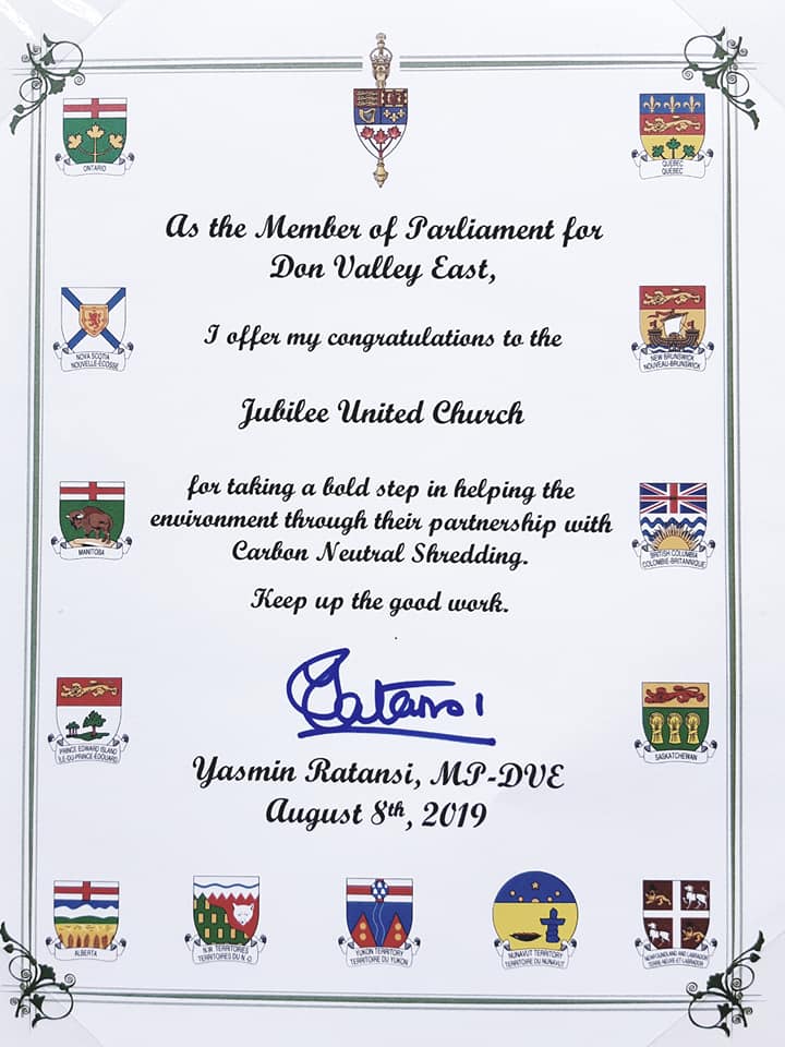 Jubilee United Church and Carbon Neutral Shredding received congratulatory letters from Federal, Provincial and Municipal governments for "taking a bold step in helping the environment", " commitment to the environment" and the "collection and recycling of paper cups shows your commitment to help reduce waste for a better environment". Also, on the day of the Global News shoot, airing the end of October (post election), Jubilee passed the 4000 cup mark in less than three months. Carbon Neutral Shredding salutes the entire congregation of Jubilee United.